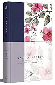 BIBLIA RVR 1960 LETRA GRANDE TAPA DURA Y TELA AZUL PÚRPURA CON FLORES TAMAÑO MANUAL